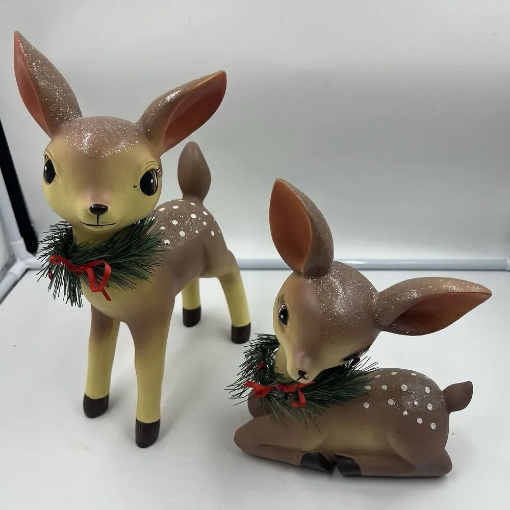 Sweet Fawn Christmas Set of 2 Holiday  12” Retro Inspired Glitter Wreath Bows